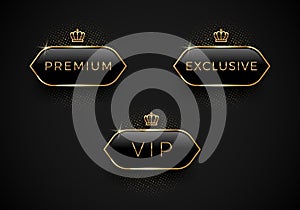 Vip, Premium and Exclusive black glass labels with golden crown and frame on a black background. Premium design.